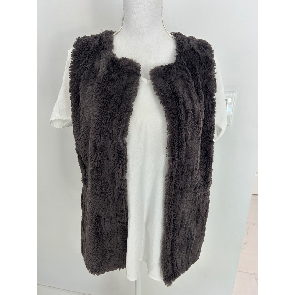 Melody Womens Charcoal Gray Faux Fur Open Front Vest Shaggy Plush Layering Large